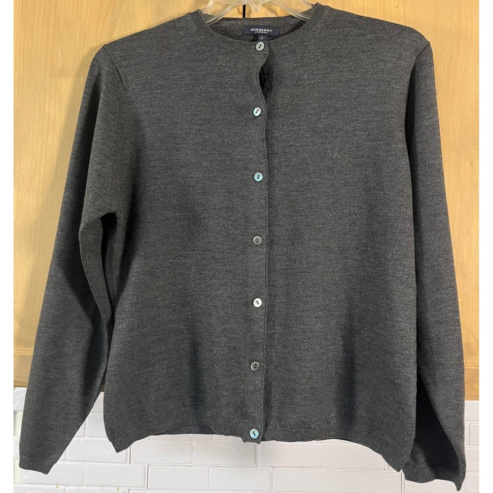 Burberry London Cardigan Sweater Womens L Gray Wool Button Up Made in Italy